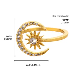 Detail view of gold moon and star ring with 14mm height and 18mm inner diameter