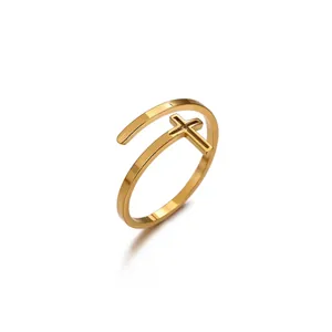 Minimalist 18K gold plated stainless steel open ring with a classic cross symbol