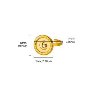 Detail view showing 15mm moon and star emblem ring dimensions and gold finish