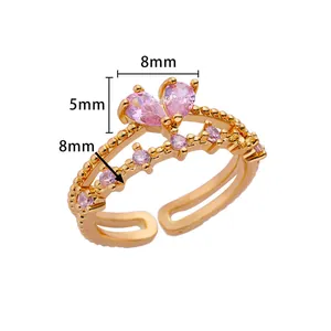 Verstellbarer 18K vergoldeter Ring mit rosa Zirkonia im Tropfenschliff und Doppelschicht