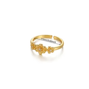 Detail shot of golden daisy open ring showing 17mm inner diameter and zircon accents