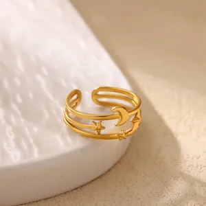 Chic gold moon and star adjustable open ring featuring a layered celestial design