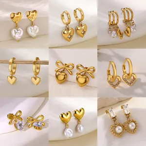 18K Verguld Roestvrij Staal Hart Kunstparel Zirconia Oorbellen Voor Vrouwen Elegante Strik Geometrische Oorknopjes Sieraden