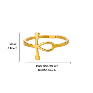 Detailed view of gold Ankh cross ring with 12mm height and 18mm inner diameter measurements