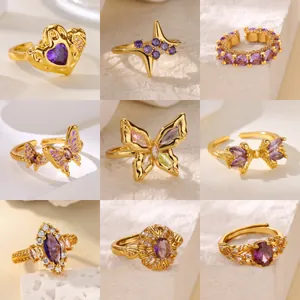 Sweet Copper Zirconia Heart Butterfly Bow Open Ring 18K Gold Plated Vintage Luxury Adjustable Finger Ring Jewelry For Women