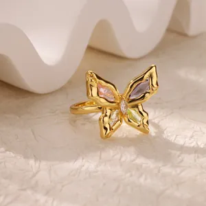 18K gold plated butterfly ring featuring colorful marquise-cut zircon stones