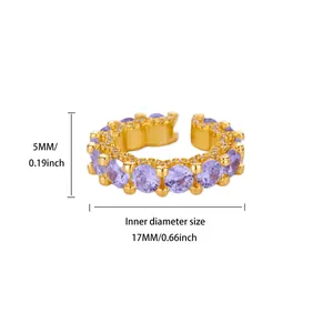 Detailed size chart of the 18K gold plated ring with purple zircon stones measurement