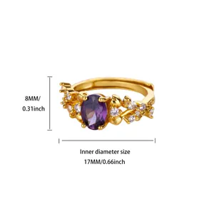 Detailed view of gold ring showing 17mm inner diameter and 8mm purple zircon height