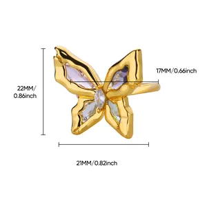 18K gold plated butterfly ring with purple zircons and modern liquid metal texture