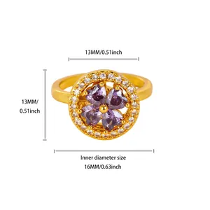 Detail view of 18K gold plated ring with purple heart zircon and size dimensions