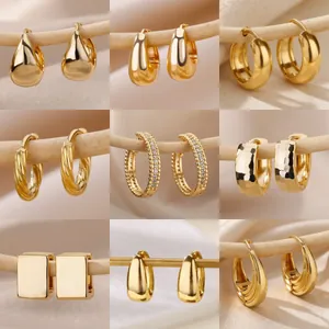 18K Gold Plated Copper Hoop Earrings Minimalist Geometric Zirconia Inlaid Water Drop Square Hammered Huggie Earrings For Women Fashion Jewelry