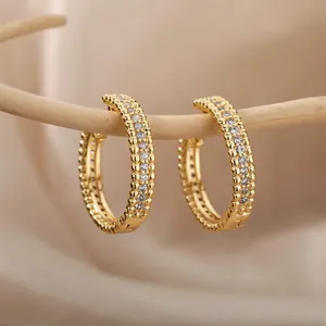 18K gold plated hoop earrings with oval zircon inlay and micro-beaded edge design