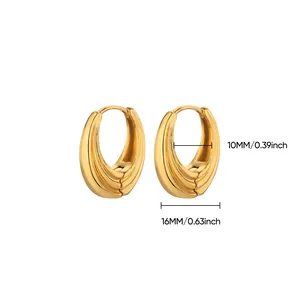 Detailed view of 18K gold plated hoop earrings showing dimensions 16mm with vertical texture