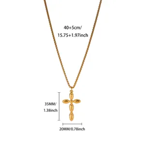 Detail view of 18K gold plated stainless steel cross necklace with size specifications