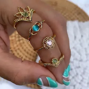 Bohemian gold ring set with colorful moonstones and floral crown designs for women