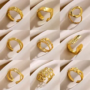 Minimalist Stainless Steel 18K Gold Plated Open Ring For Women Men Geometric Heart Mamma Letter Adjustable Jewelry Gift