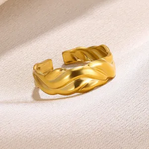 18k gold plated stainless steel twisted open ring for women with textured finish
