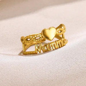 Gold plated stainless steel Mamma ring with heart charm and hollow woven texture