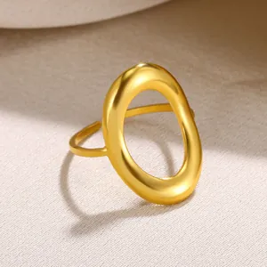 Detailed macro view of an 18k gold plated stainless steel hollow oval adjustable open ring