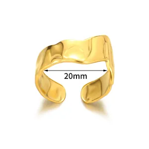 Detailed macro view of 20mm adjustable open ring with 18k gold plated molten texture