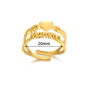 Detailed close-up of 18k gold plated Mamma heart ring showing 20mm adjustable diameter