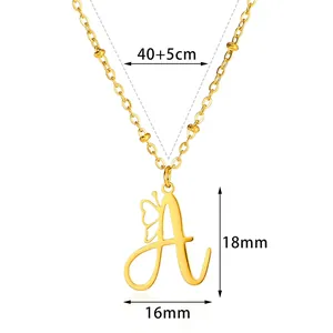 Gold stainless steel butterfly necklace with letter A pendant and 40+5cm beaded chain size