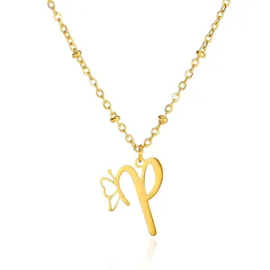 Close-up of golden stainless steel butterfly and letter P pendant on beaded chain