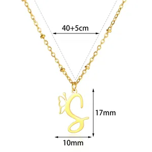 Detailed size map of gold butterfly letter S pendant necklace with 40+5cm chain length