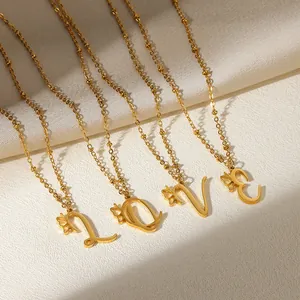 Golden stainless steel LOVE letter necklaces with butterfly charms on satellite chains