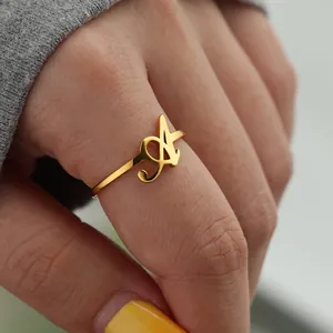 Stainless Steel Initial Letter Open Ring Adjustable Gold Plated Cursive Script Personalized Jewelry For Women