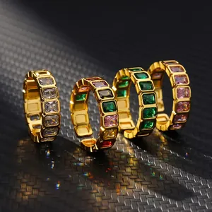 Detailed view of 18K gold plated zircon rings with square gems in four colors