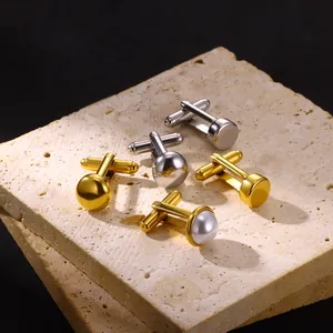 French Style Stainless Steel Cufflinks For Men Gold Silver Plated Faux Artificial Pearl Round Business Wedding Shirt Cuff Links