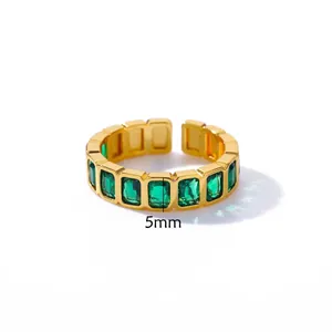 18K gold-plated adjustable ring with 5mm emerald green step-cut zircon stones