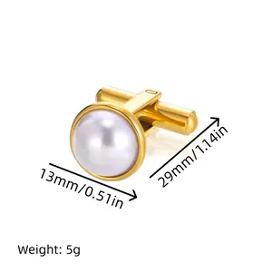 Elegant gold stainless steel cufflink with white pearl inlay and polished finish for men