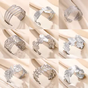 Bracelet Manchette en Acier Inoxydable de Mode pour Femmes Évidé Géométrique Fleur Feuille Bracelet Réglable Bijoux Cadeau