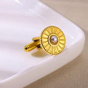 Elegant 18K gold plated stainless steel cufflinks with sunburst pattern and grey pearl