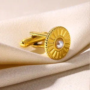 Exquisite 18K gold plated stainless steel cufflink with sunburst texture and pearl center