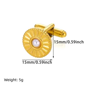 Elegant 18K gold stainless steel shell cufflink with pearl inlay and sunray texture