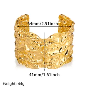 Chic 18K gold plated wide cuff bracelet featuring unique irregular lava texture
