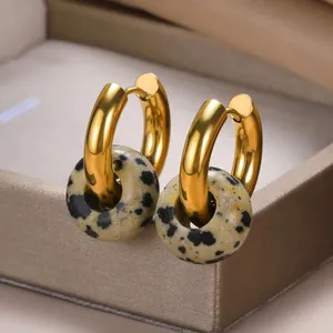 18K gold plated stainless steel hoop earrings with spotted natural stone pendant charms