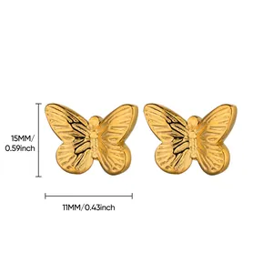 Detailed dimension view showing golden butterfly stud earrings with 15mm height measurement