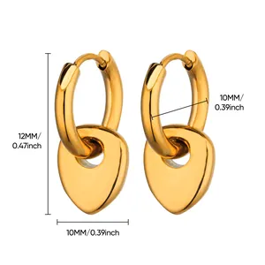 Detail shot of golden heart hoop earrings with dimensions 12mm height and 10mm width