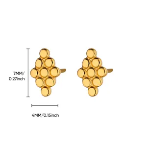 Detailed view of gold beaded geometric stud earrings with precise dimensions 7MM by 4MM