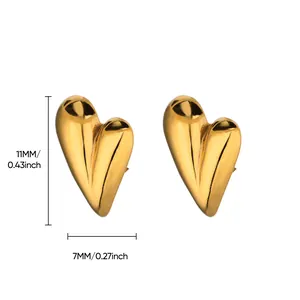 Detailed view of gold heart stud earrings showing dimensions 11mm height and 7mm width