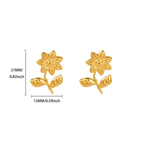 Detail view of golden sunflower earrings with 21mm height and 15mm width measurements