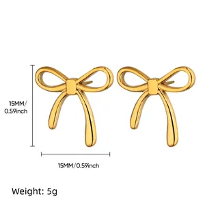 Golden bow stud earrings in minimalist heart shape design, size 15mm by 15mm