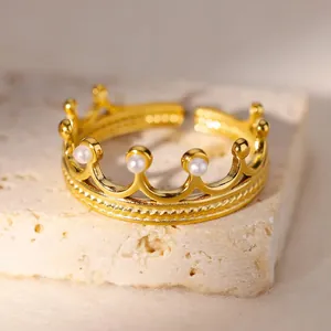 Vintage gold crown ring with white pearls and adjustable band for women