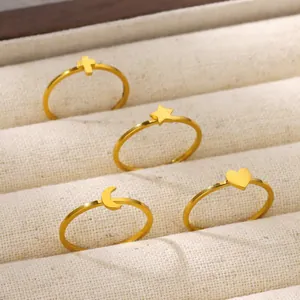 Minimalist Stainless Steel Open Adjustable Ring Women Gold Silver Star Moon Heart Cross Sun Flame Simple Jewelry Gift