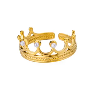 Adjustable golden crown ring with faux pearls and twisted rope texture design