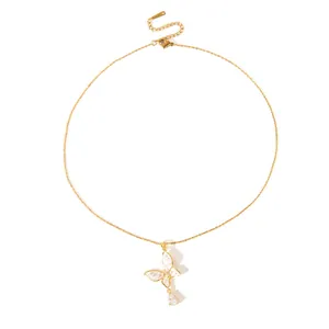 Elegant gold titanium steel necklace with butterfly pendant and pear cut zircon stone